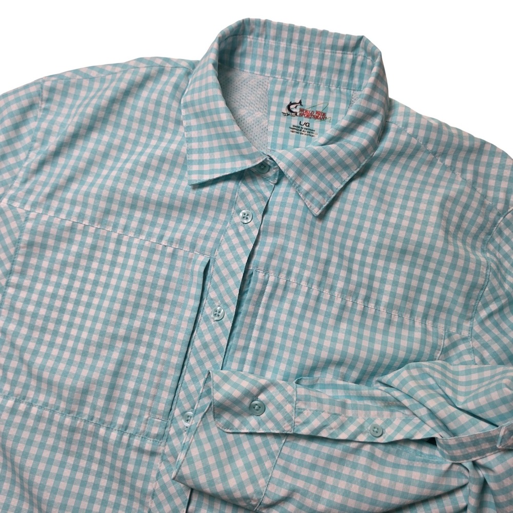 World Wide Sportsman Womens Large Aqua Gingham Fishing Shirt Vented Back